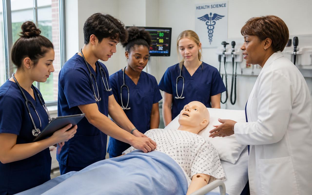 A student practicing patient care skills with a clinical instructor