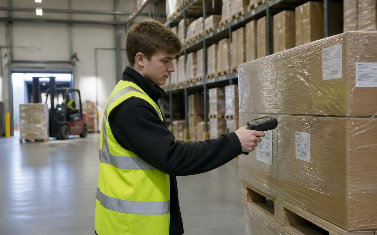 A young worker scanning pallet inventory in a distribution centre