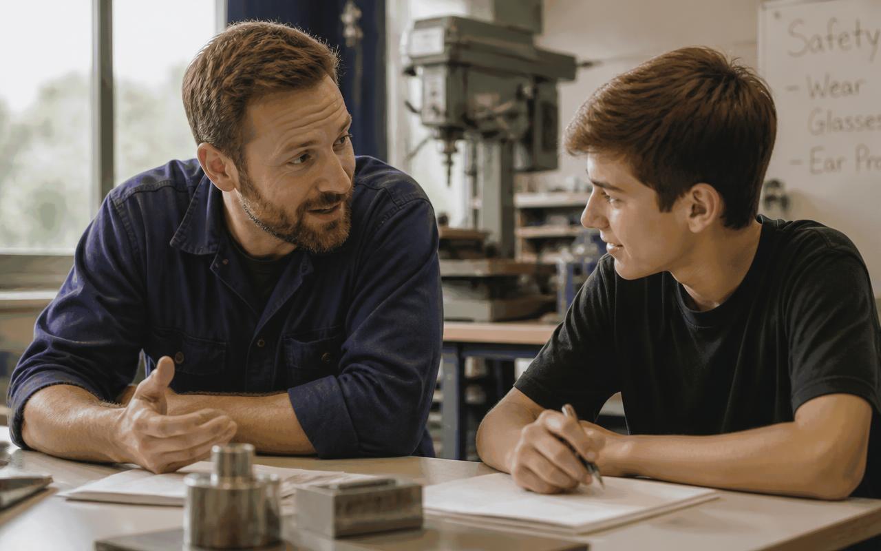 A school counselor reviewing student progress with a student