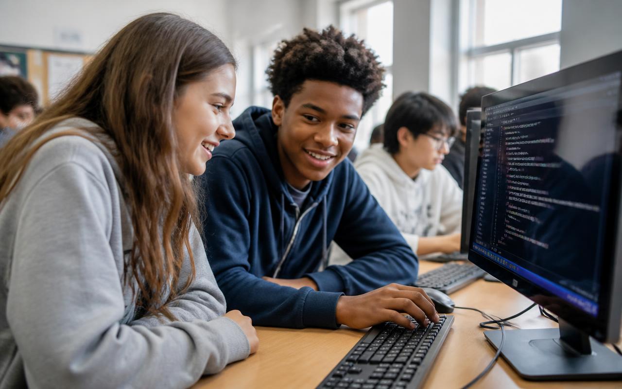 A student working on computer hardware and networking with a technician