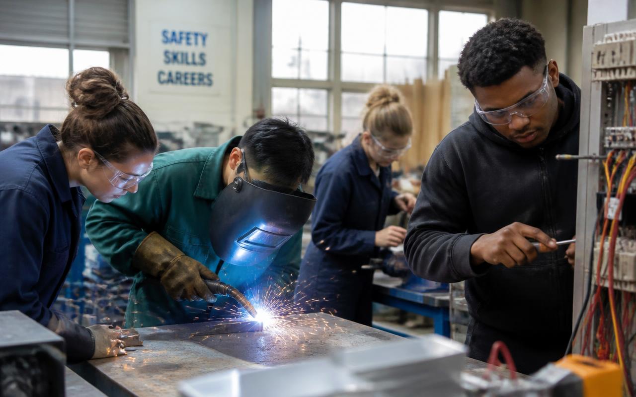 An apprentice learning electrical work from an experienced tradesperson
